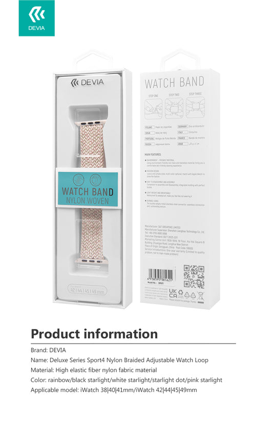 Pulsera para Apple Watch Deluxe Series Sport4 Nylon Braided Black Starlight 38-40-41-42mm Devia