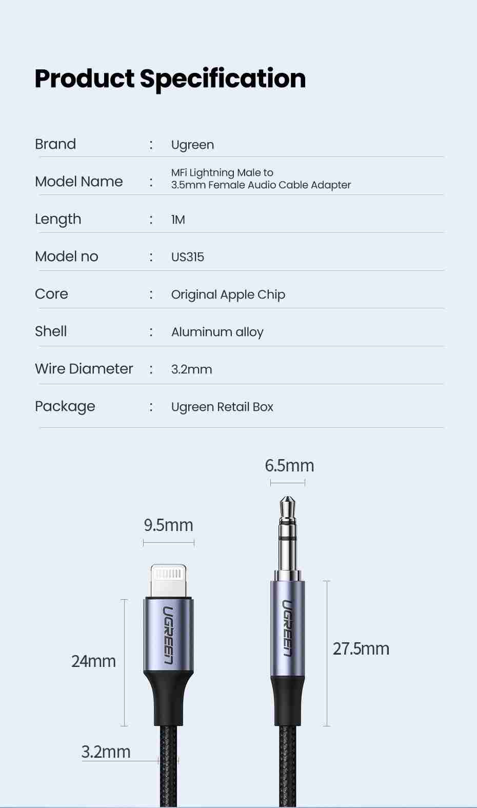 Cable Lightning a 3.5mm MFi Ugreen