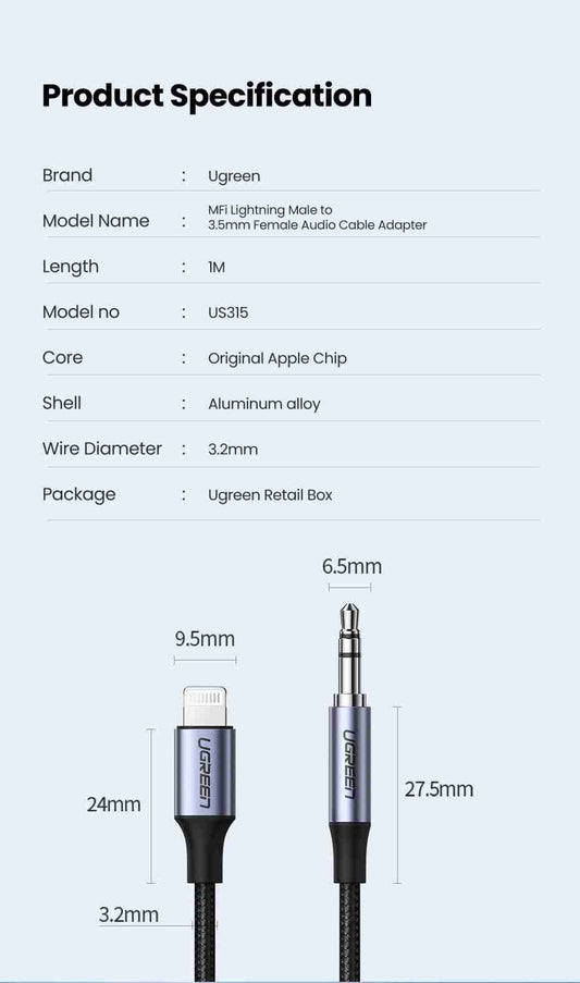 Cable Lightning a 3.5mm MFi Ugreen