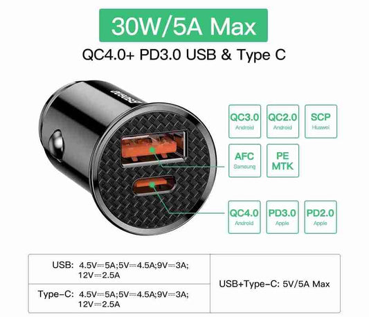 Cargador para Auto USB-C + USB-A 30w Baseus