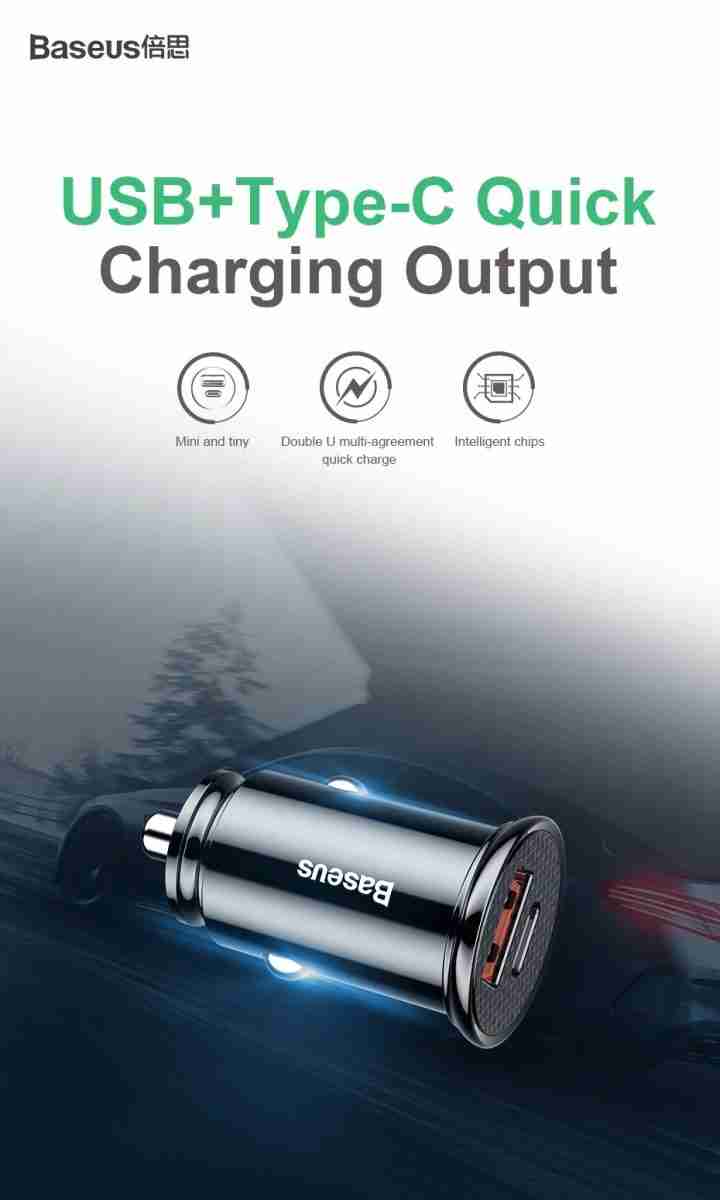 Cargador para Auto USB-C + USB-A 30w Baseus