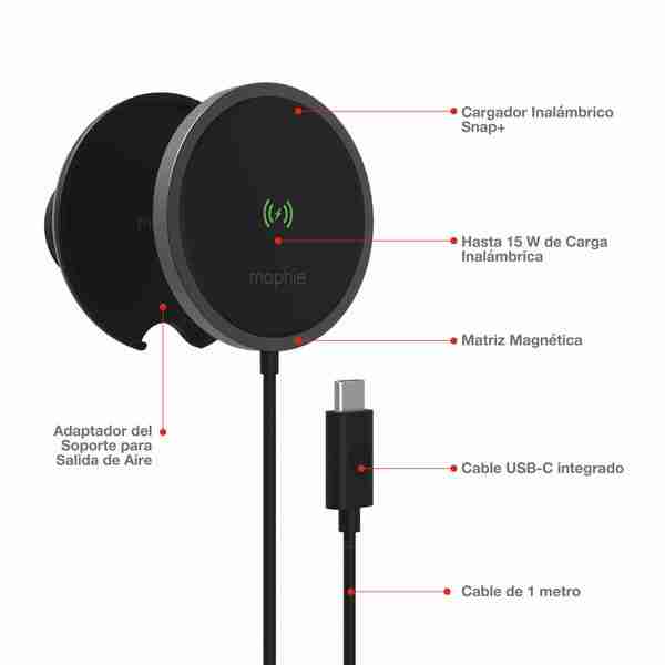 Soporte para auto Snap+ Wireless Vent Mount con cargador inalámbrico y MagSafe Mophie