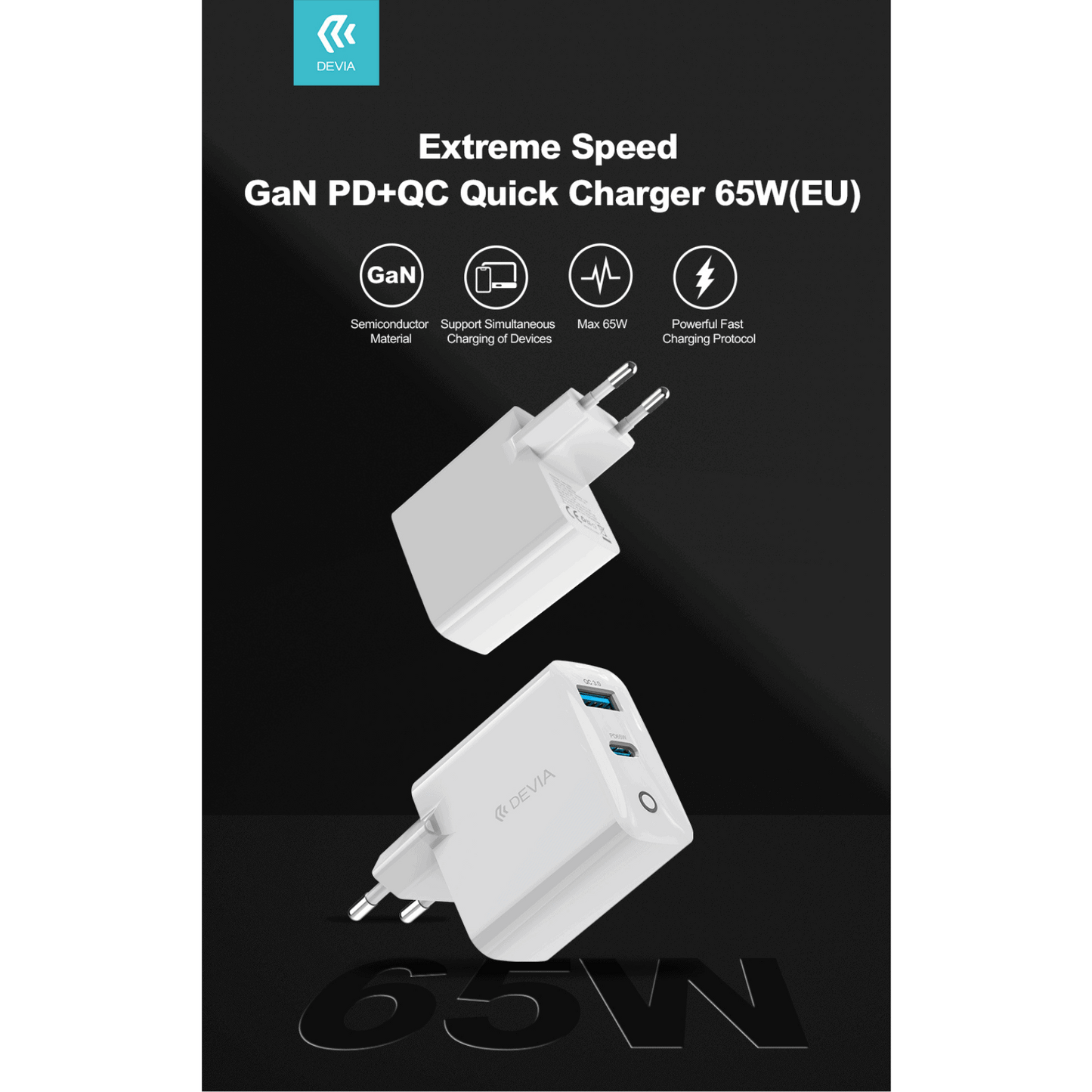 Cargador USB-C + USB-A con cable de carga de 65w Devia