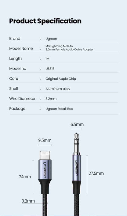 Cable Lightning a 3.5mm MFi Ugreen